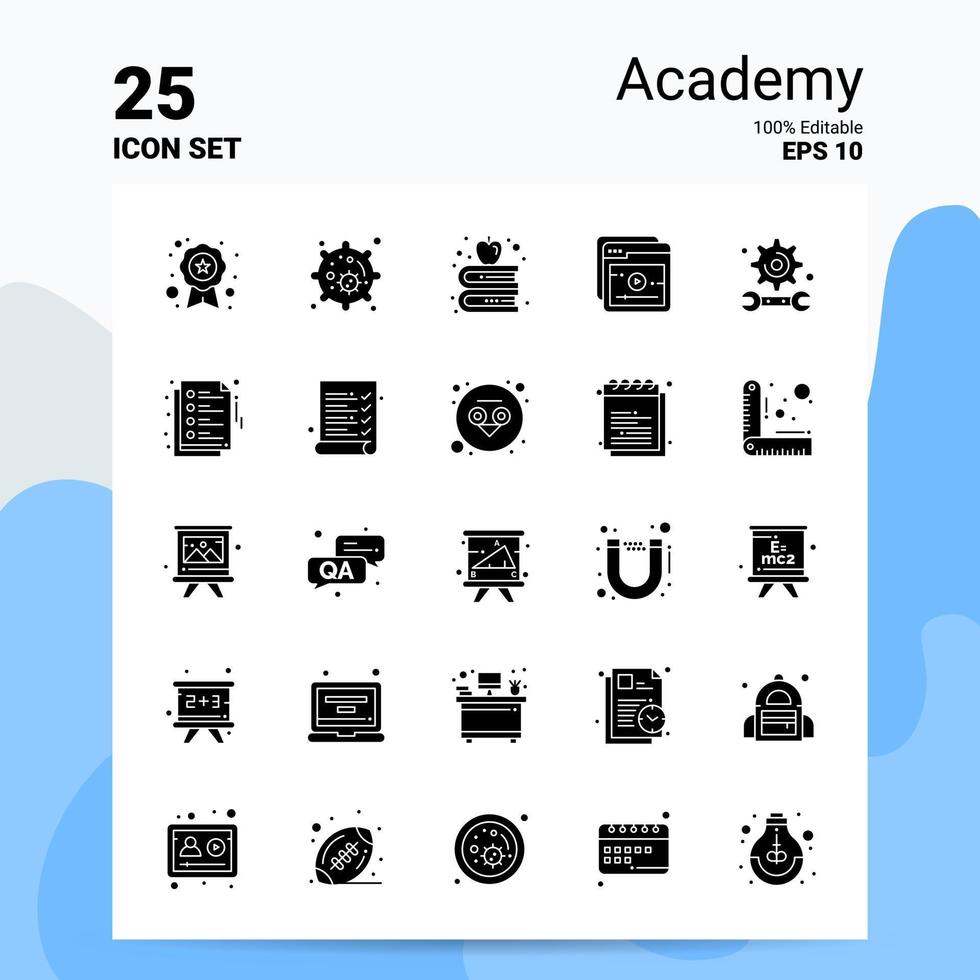 25 academy icon set 100 eps modifiables 10 fichiers idées de concept de logo d'entreprise conception d'icône de glyphe solide vecteur