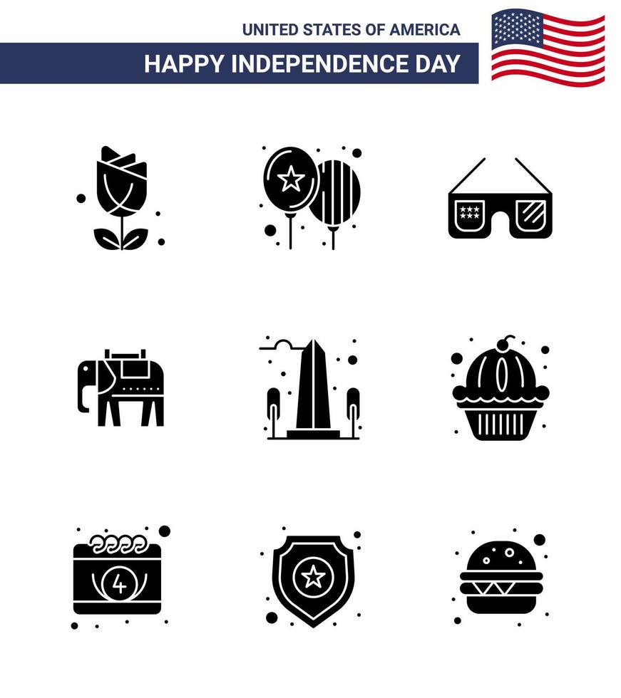 joyeux jour de l'indépendance pack de 9 glyphes solides signes et symboles pour la vue repère lunettes de soleil usa elephent modifiable usa day vector design elements