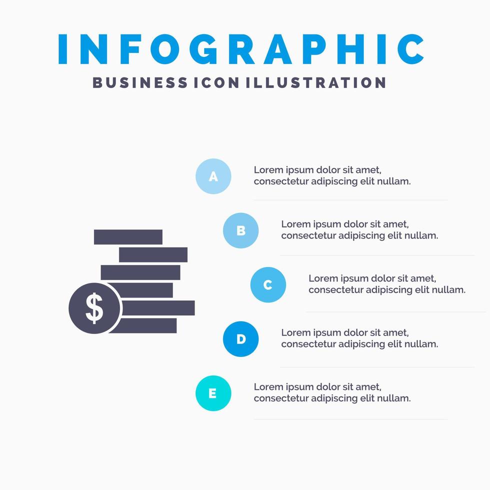 pièces de monnaie argent comptant or argent solide icône infographie 5 étapes présentation arrière-plan vecteur