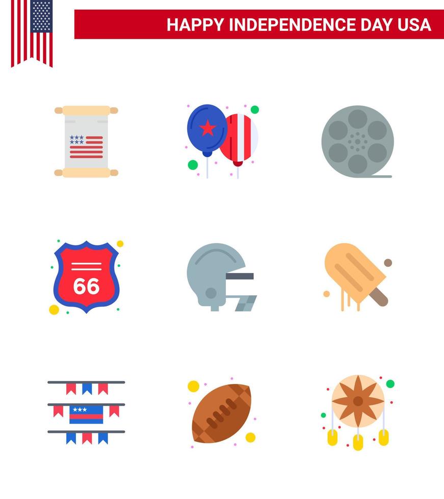 joyeux jour de l'indépendance 9 appartements pack d'icônes pour le web et l'impression football américain movis signe sécurité modifiable usa day vector design elements