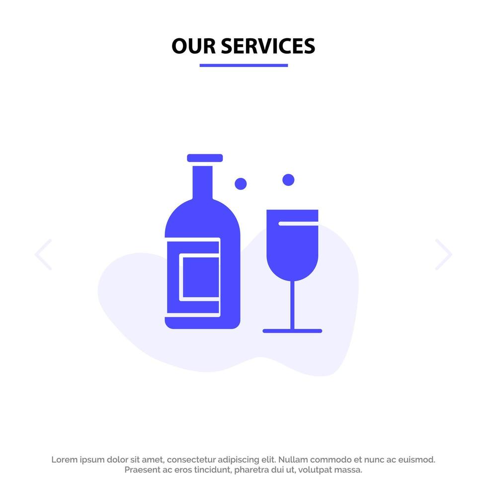 nos services bar à alcool boisson whisky icône de glyphe solide modèle de carte web vecteur