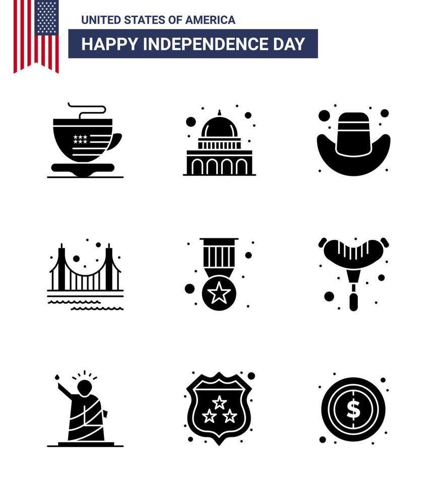 usa indépendance jour solide glyphe ensemble de 9 pictogrammes usa de médaille récompense cap tourisme or modifiable usa day vector design elements