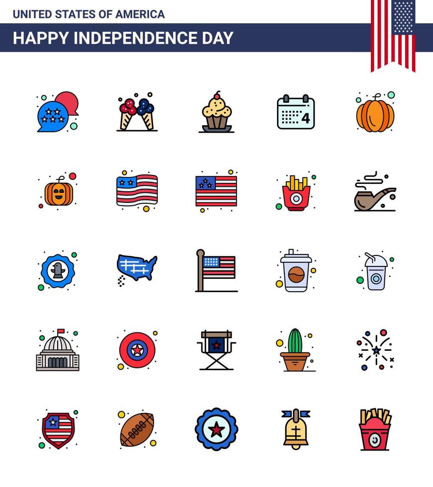 groupe de 25 lignes remplies à plat définies pour le jour de l'indépendance des états-unis d'amérique tels que le gâteau de date américain jour thanksgiving modifiable usa day vector design elements