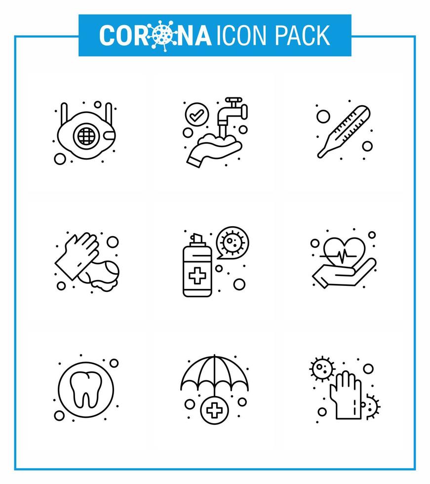 prévention des coronavirus ensemble d'icônes icône de 9 lignes telles que lavage par pulvérisation lavage savon médical coronavirus viral 2019nov éléments de conception de vecteur de maladie