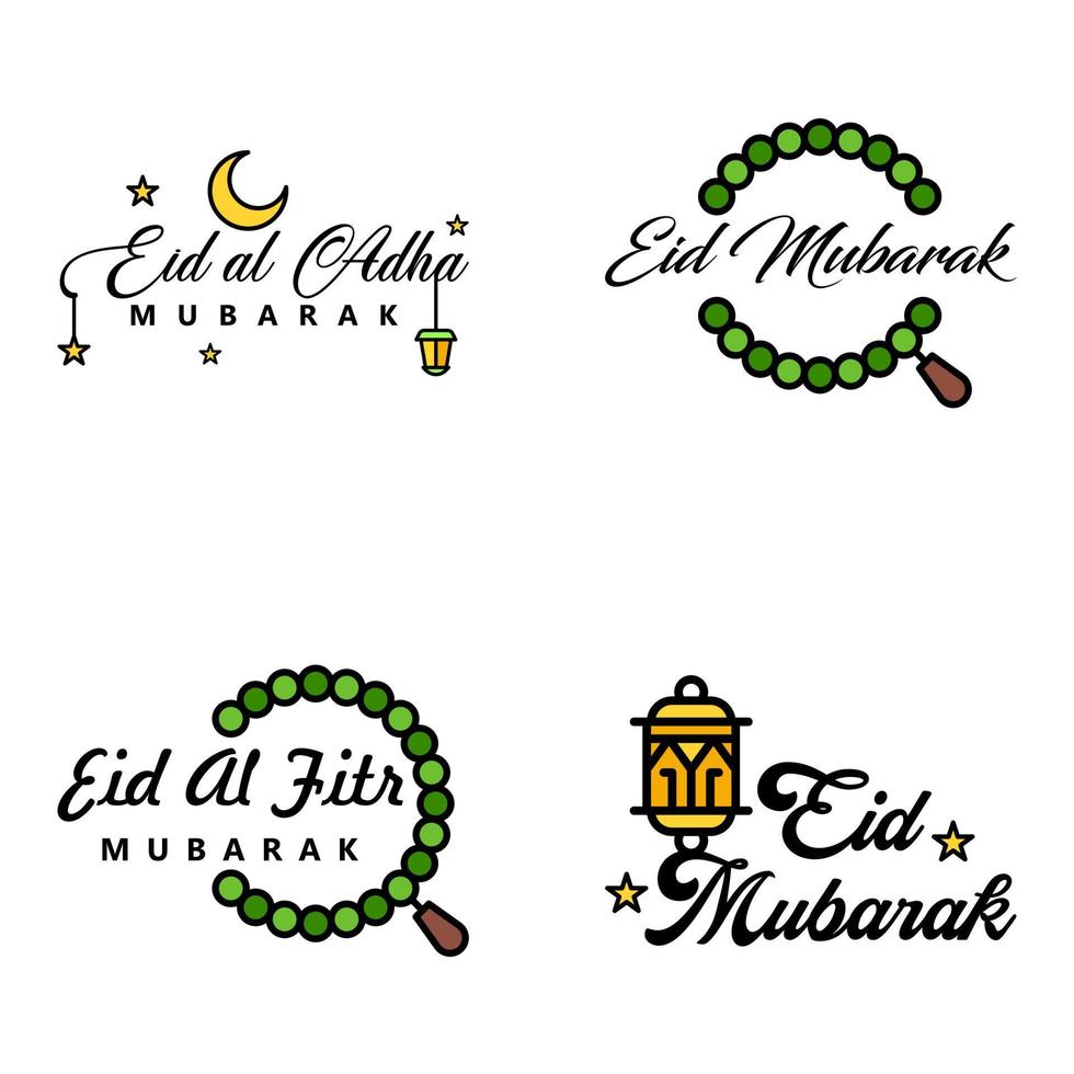 eid vente calligraphie pack de 4 lettres décoratives écrites à la main étoiles lune lampe isolé sur fond blanc vecteur