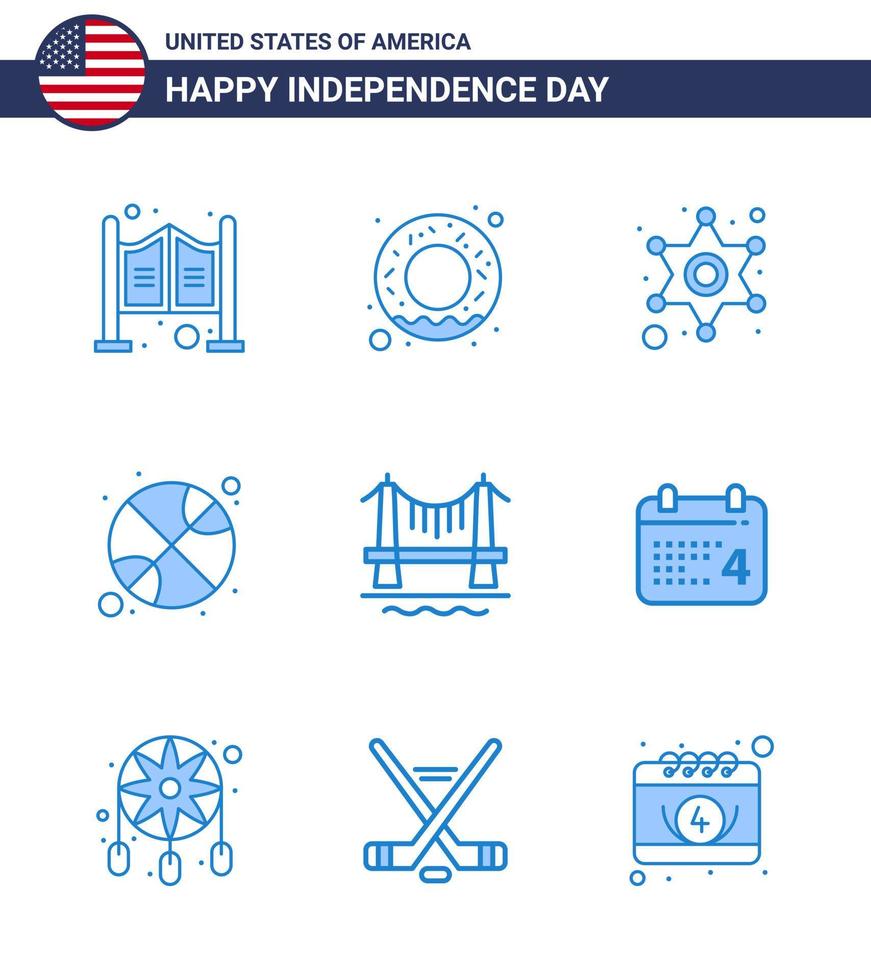 pack de 9 signes de blues de célébration de la fête de l'indépendance des états-unis et symboles du 4 juillet tels que le pont de la ville police day ball modifiable usa day vector design elements