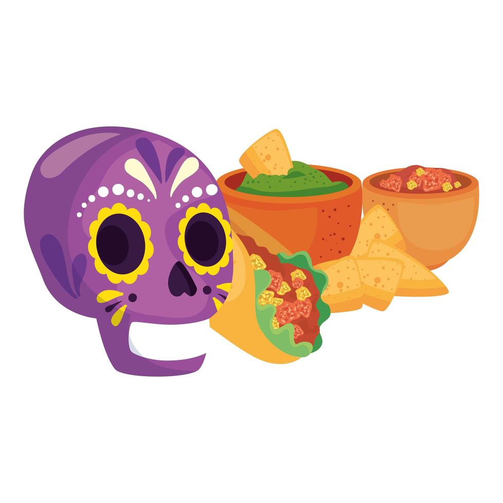 Bols de burrito crâne mexicain isolés avec dessin vectoriel nachos