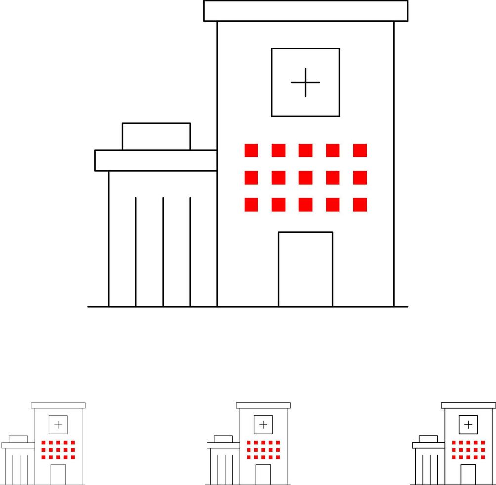 bâtiment de l'hôpital clinique médicale audacieuse et fine ligne noire jeu d'icônes vecteur