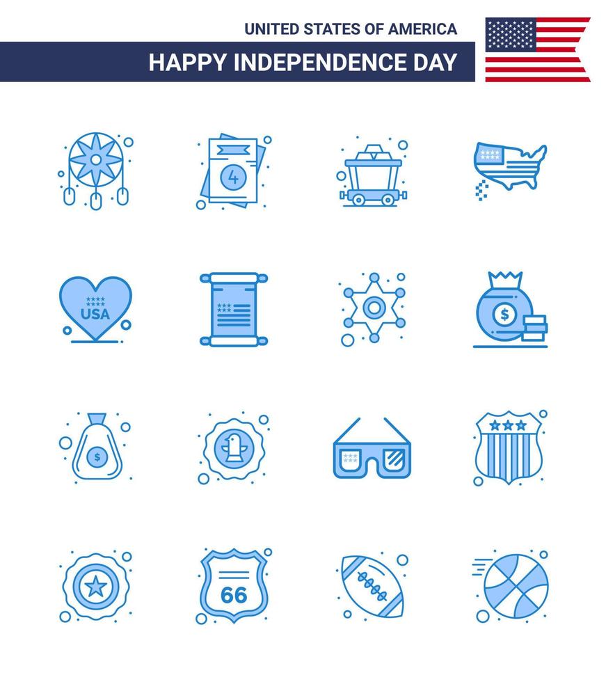 joyeux jour de l'indépendance 16 blues pack d'icônes pour le web et l'impression coeur américain panier usa carte modifiable usa jour vecteur éléments de conception