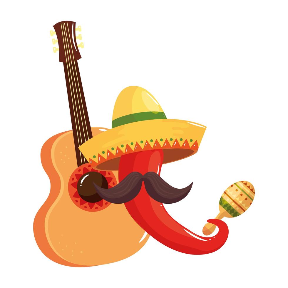 Chapeau de piment mexicain isolé guitare moustache et dessin vectoriel maraca