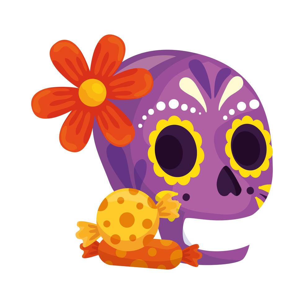 crâne mexicain isolé avec des fleurs et des bonbons vector design