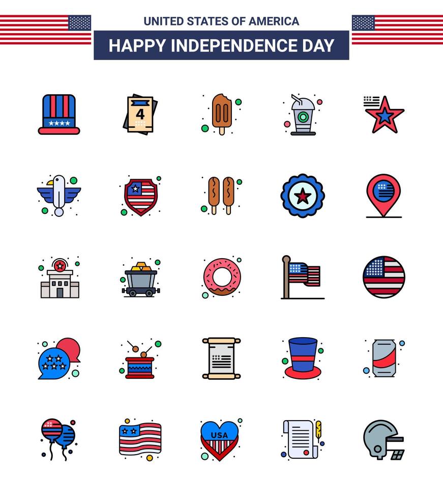 joyeux jour de l'indépendance 25 pack d'icônes de lignes remplies à plat pour le web et l'impression usa popsicle américain star boisson éléments de conception vectoriels modifiables usa day vecteur