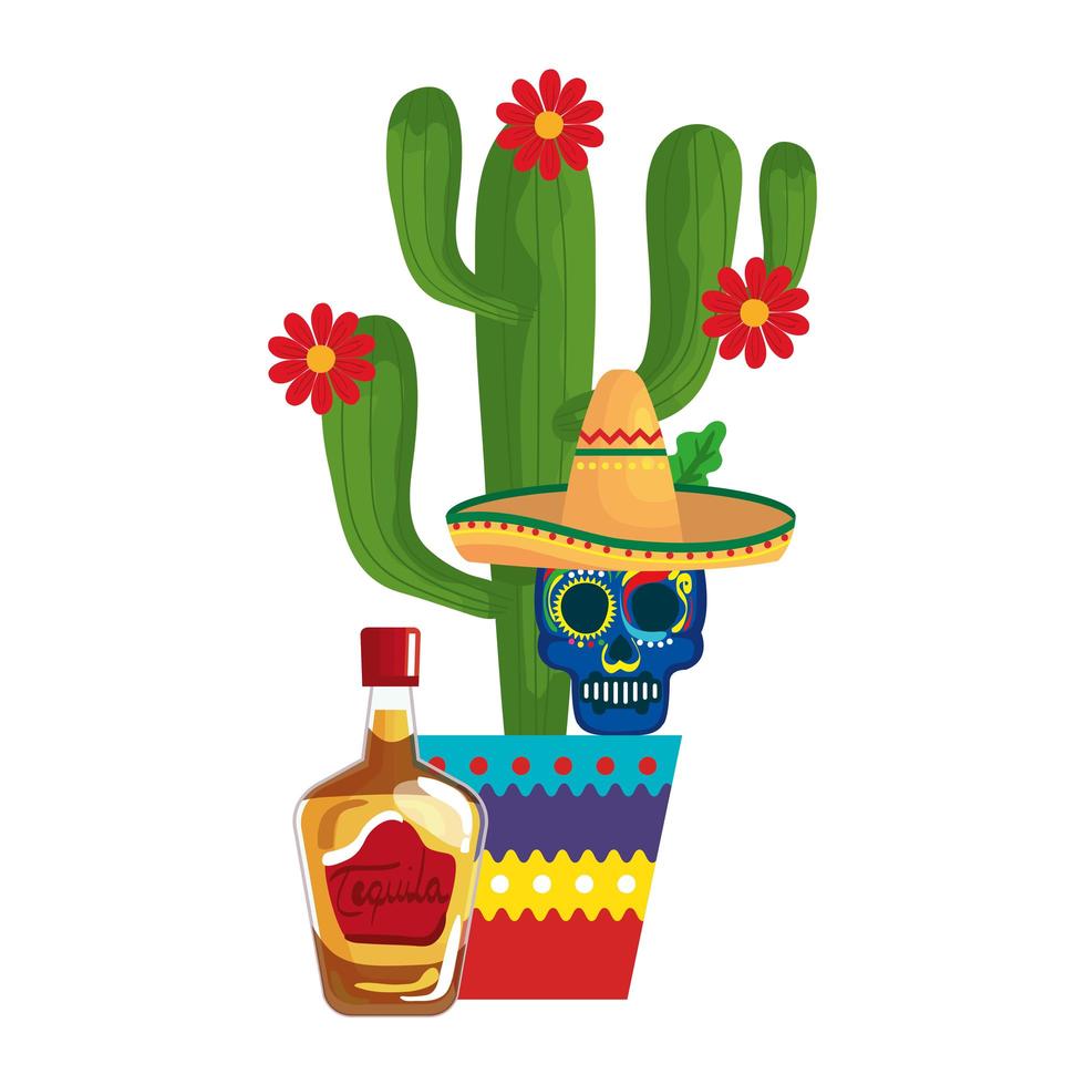 Bouteille de tequila cactus mexicain et crâne avec conception de vecteur de chapeau