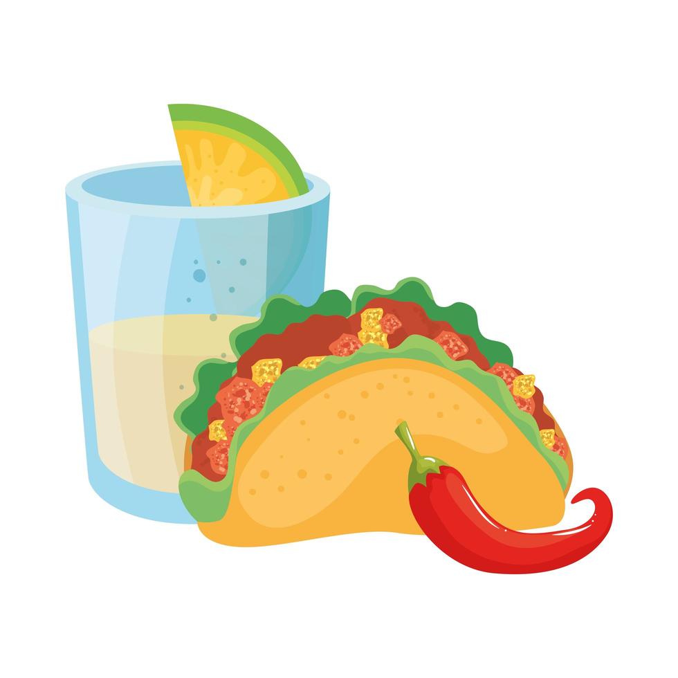 Piment taco mexicain isolé et tequila shot vector design