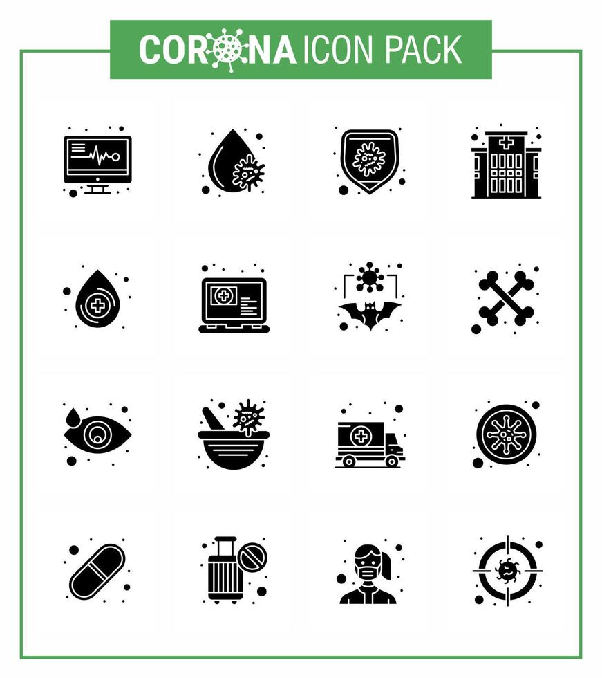 icônes de sensibilisation au coronavirus 16 glyphe solide icône noire virus corona grippe liée comme les bactéries de goutte médicale clinique de sang coronavirus viral 2019nov éléments de conception de vecteur de maladie