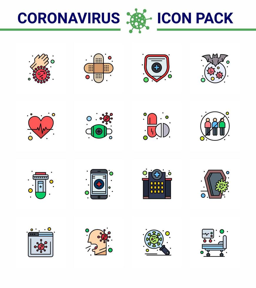 nouveau coronavirus 2019ncov 16 pack d'icônes de ligne remplie de couleur plate battre le pouls maladie d'assurance médicale corona coronavirus viral 2019nov éléments de conception de vecteur de maladie