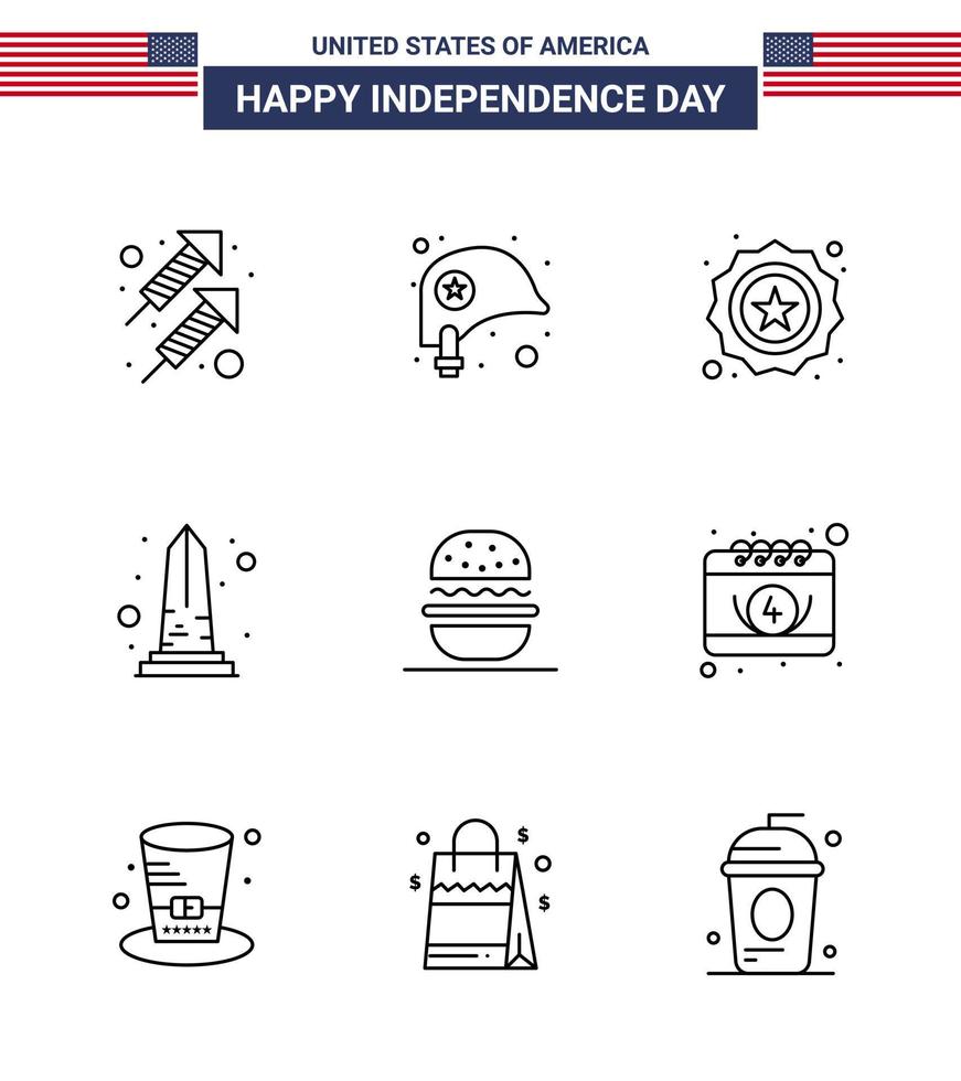 joyeux jour de l'indépendance 4 juillet ensemble de 9 lignes pictogramme américain de burger usa vue américaine repère modifiable usa day vector design elements