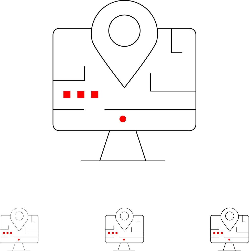 carte d'ordinateur emplacement éducation jeu d'icônes de ligne noire audacieuse et mince vecteur