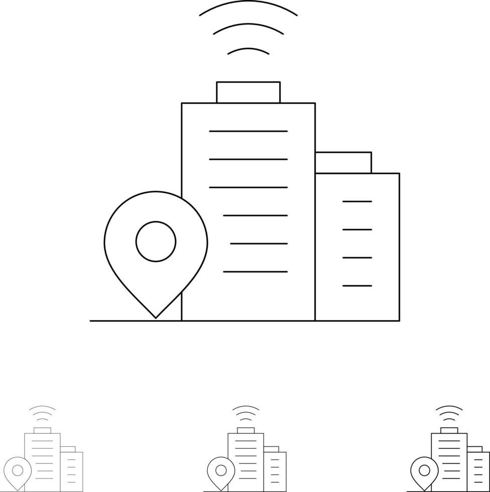 bâtiment emplacement wifi jeu d'icônes de ligne noire audacieuse et mince vecteur