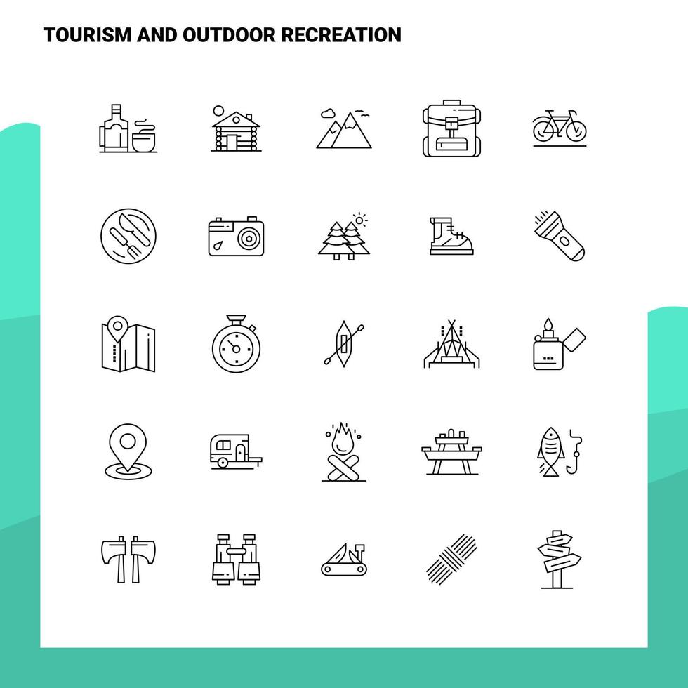 ensemble d'icônes de ligne de tourisme et de loisirs de plein air ensemble de 25 icônes conception de style minimalisme vectoriel icônes noires définies pack de pictogrammes linéaires