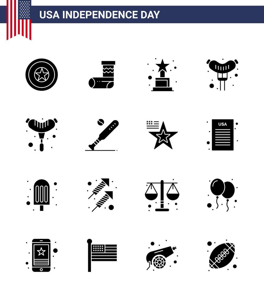 usa joyeux jour de l'indépendancepictogramme ensemble de 16 glyphes solides simples de réalisation de baseball sportif balle frankfurter modifiable usa day vector design elements