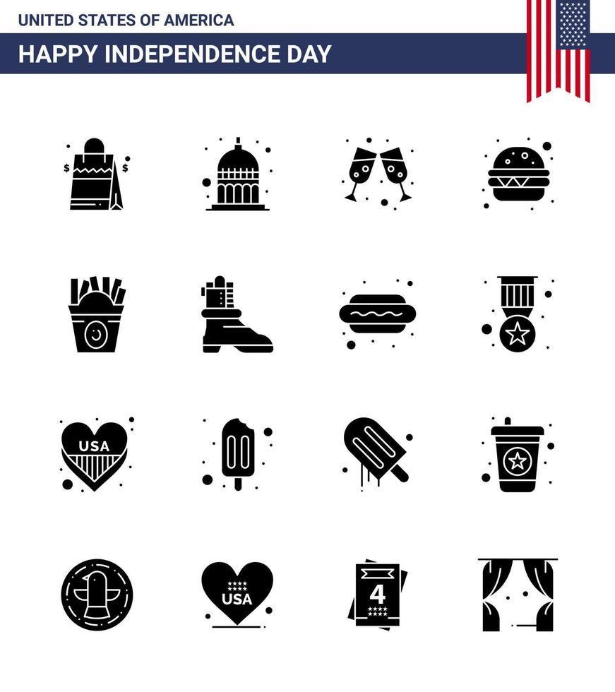 pack de glyphes solides de 16 symboles de la fête de l'indépendance des états-unis des états-unis vecteur