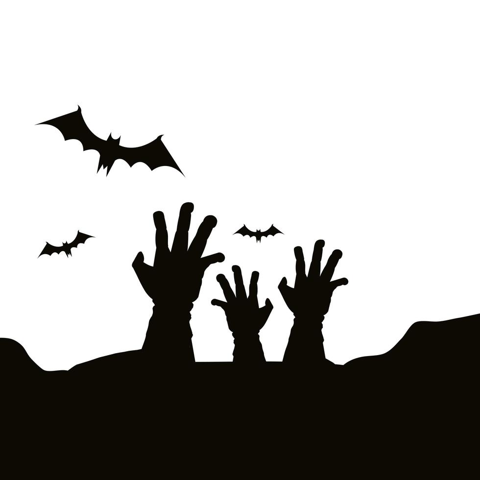 mains de zombie pour halloween avec des chauves-souris volant vecteur