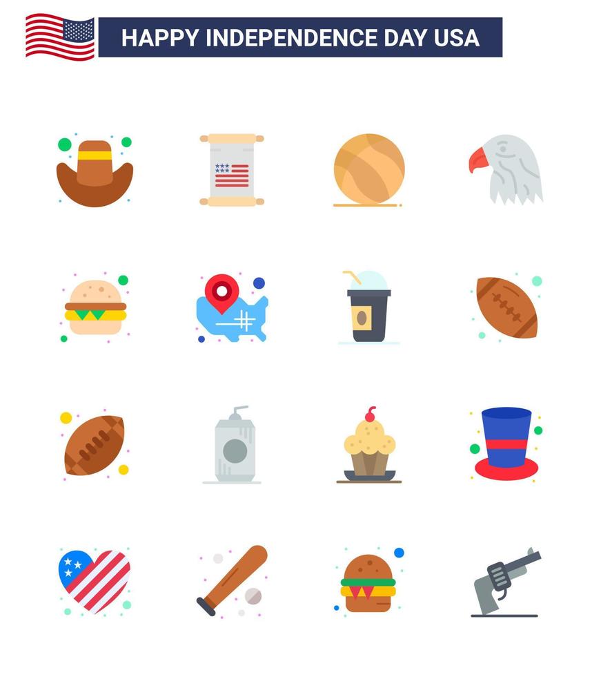 joyeux jour de l'indépendance pack de 16 appartements signes et symboles pour le repas burger ball usa oiseau modifiable usa day vector design elements