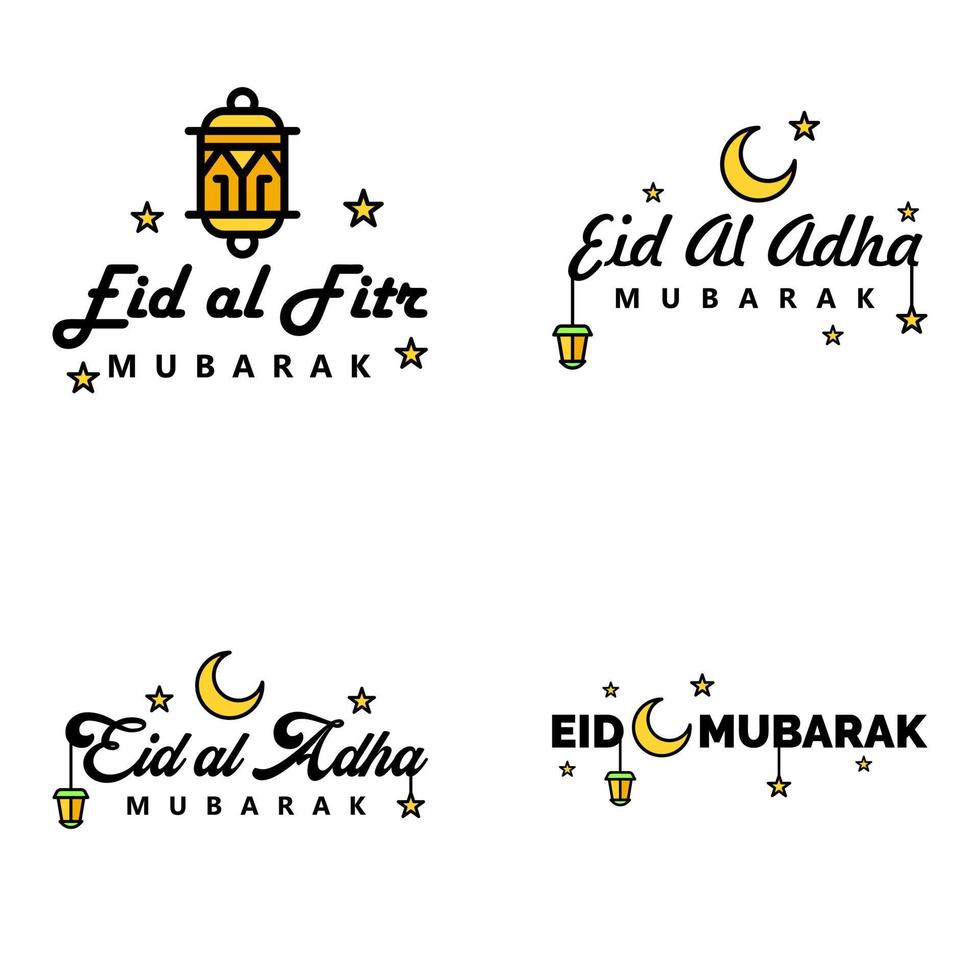 joyeux de l'aïd pack de 4 cartes de voeux eid mubarak avec des étoiles brillantes en calligraphie arabe festival de la communauté musulmane vecteur