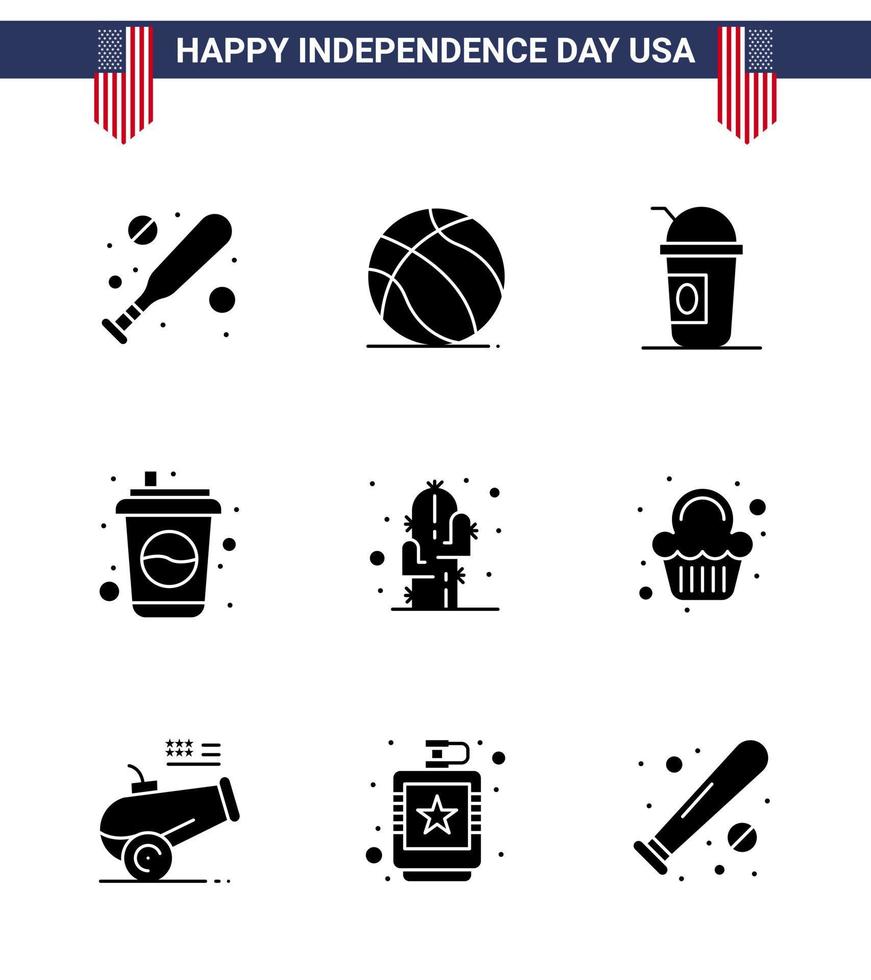 9 usa solide glyphe pack de signes et symboles de la fête de l'indépendance de la plante cactus américain soda cola modifiable usa day vector design elements