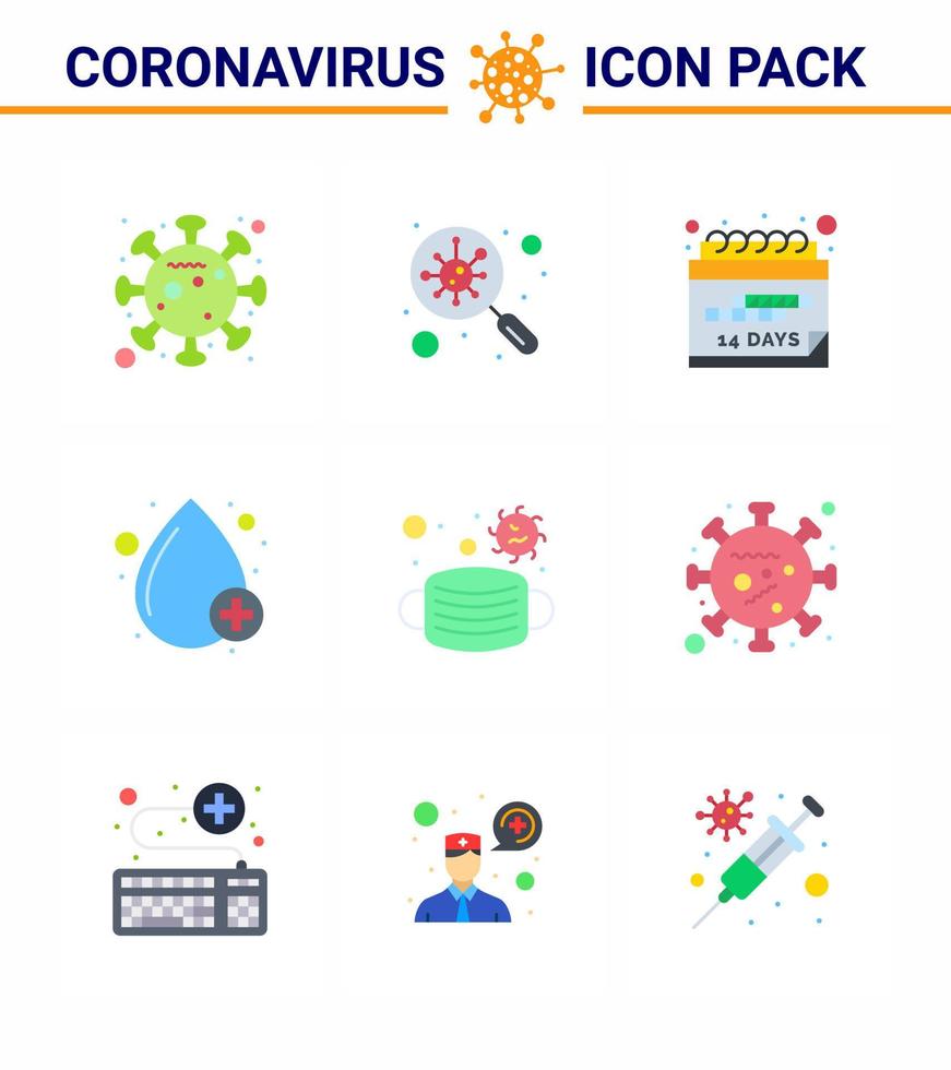 l'icône de couleur plate du coronavirus 9 sur le thème de l'épidémie corona contient des icônes telles que le calendrier de recherche de type de visage coronavirus viral 2019nov éléments de conception de vecteur de maladie