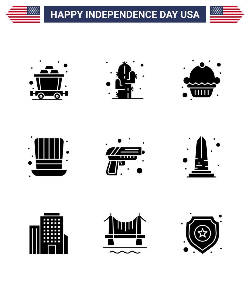 9 usa solide glyphe signes célébration de la fête de l'indépendance symboles de la sécurité des armes dessert armes à feu présidents modifiables usa day vector design elements