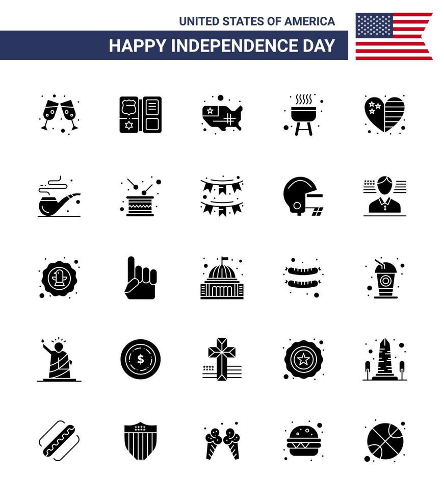 joyeux jour de l'indépendance 4 juillet ensemble de 25 glyphes solides pictogramme américain des états-unis pays états coeur barbecue modifiable usa day vector design elements