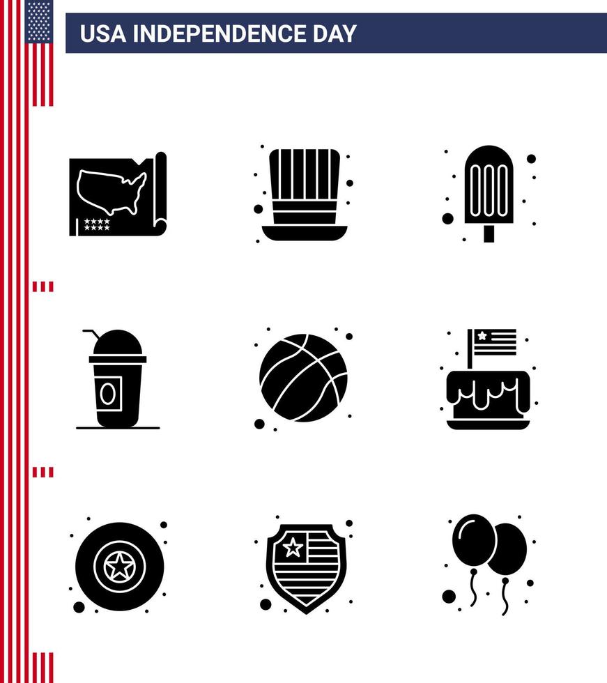 pack de 9 signes de glyphes solides de célébration de la fête de l'indépendance des états-unis et symboles du 4 juillet tels que le football américain crème états américains modifiables usa day vector design elements