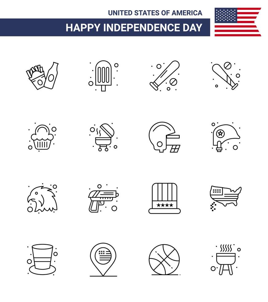 usa joyeux jour de l'indépendancepictogramme ensemble de 16 lignes simples de gril barbecue chauve-souris célébration fête modifiable usa day vector design elements