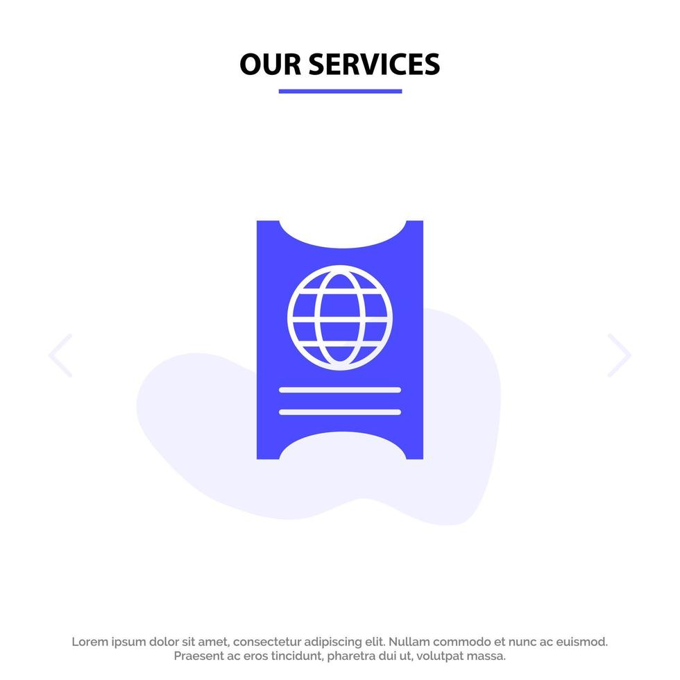nos services pass passeport billet hôtel solide glyphe icône modèle de carte web vecteur