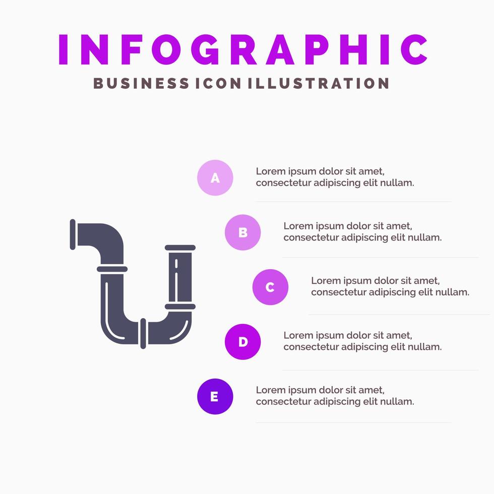 tuyau plombier réparation outils eau solide icône infographie 5 étapes présentation arrière-plan vecteur