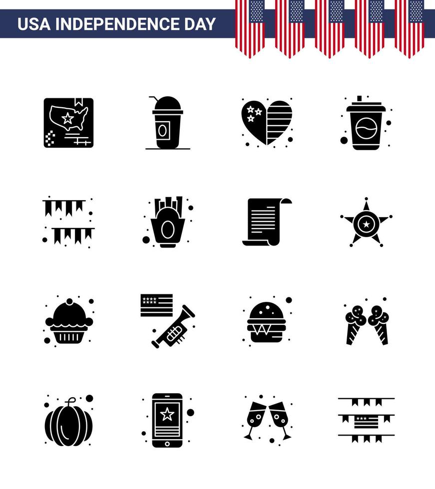 pack d'icônes vectorielles stock de jour américain 16 signes et symboles de glyphe solide pour guirlande soda coeur bouteille de boisson modifiable usa day vector design elements