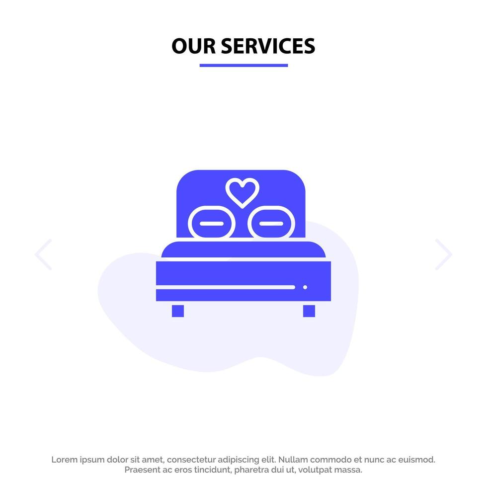 nos services lit amour coeur mariage solide glyphe icône modèle de carte web vecteur