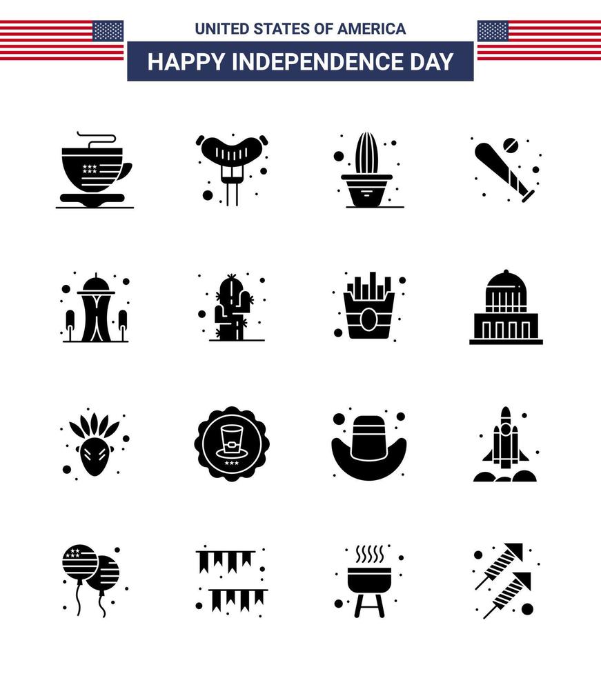 usa indépendance jour solide glyphe ensemble de 16 pictogrammes usa de l'usine de construction d'aiguilles usa bat modifiable usa day vector design elements