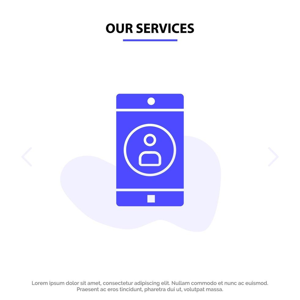 nos services application mobile profil d'application mobile icône de glyphe solide modèle de carte web vecteur