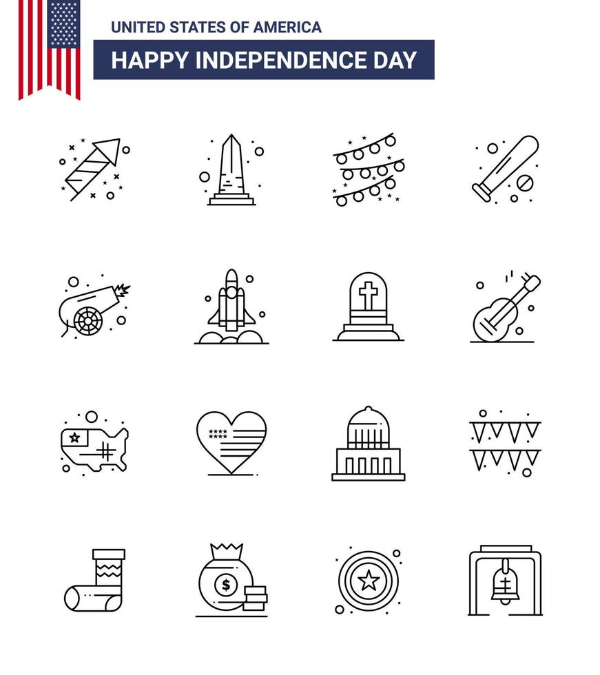 usa joyeux jour de l'indépendancepictogramme ensemble de 16 lignes simples d'éléments de conception vectorielle de l'armée de sports washington bat ball modifiables usa day vecteur