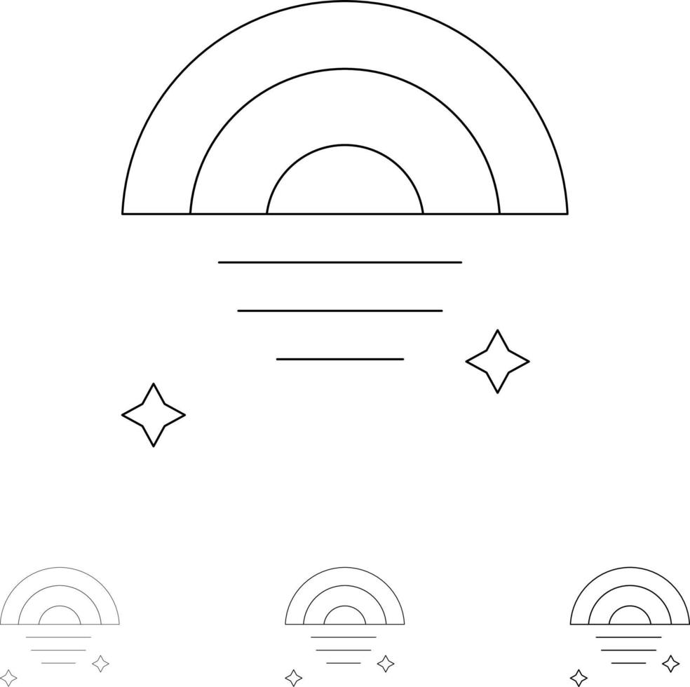 ciel pluvieux arc-en-ciel météo jeu d'icônes de ligne noire audacieuse et mince vecteur