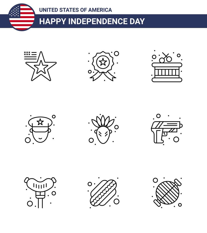 joyeux jour de l'indépendance pack de 9 lignes signes et symboles pour pistolet tambour amérindien officier américain modifiable éléments de conception vectorielle usa day vecteur