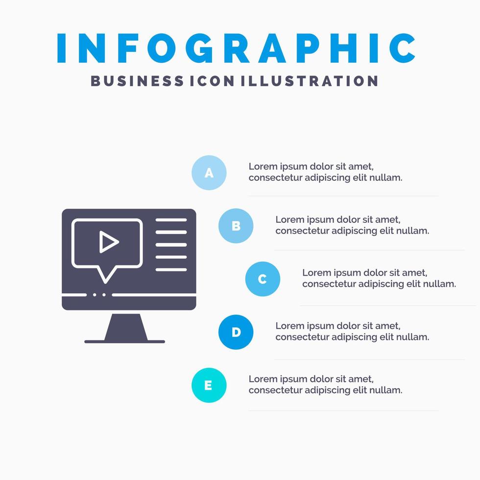 ordinateur jouer vidéo éducation solide icône infographie 5 étapes présentation arrière-plan vecteur