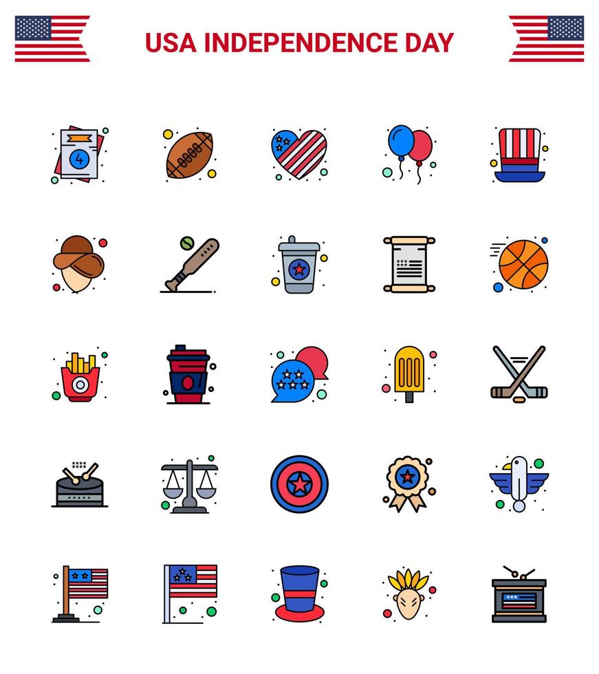pack de 25 symboles de la fête de l'indépendance des états-unis de la fête du chapeau ballons de la fête américaine modifiables éléments de conception vectorielle de la journée des états-unis vecteur