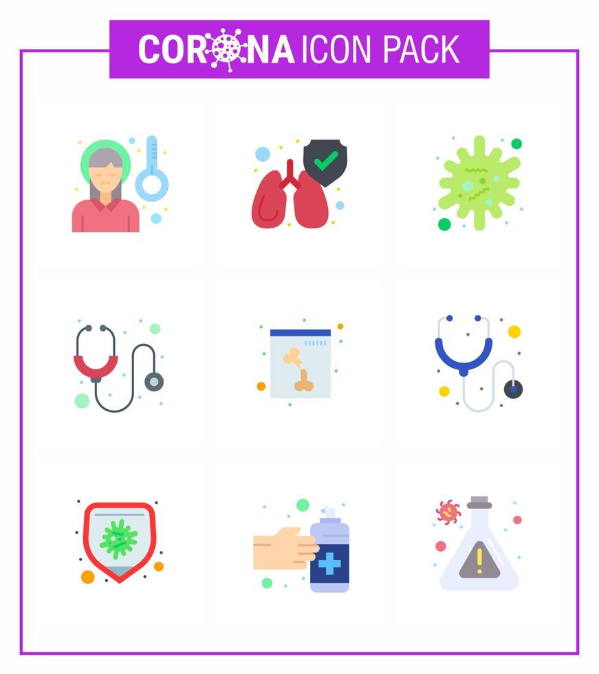 9 ensemble de couleurs plates d'icônes épidémiques de virus corona telles que crâne stéthoscope antigène médical soins de santé coronavirus viral 2019nov éléments de conception de vecteur de maladie