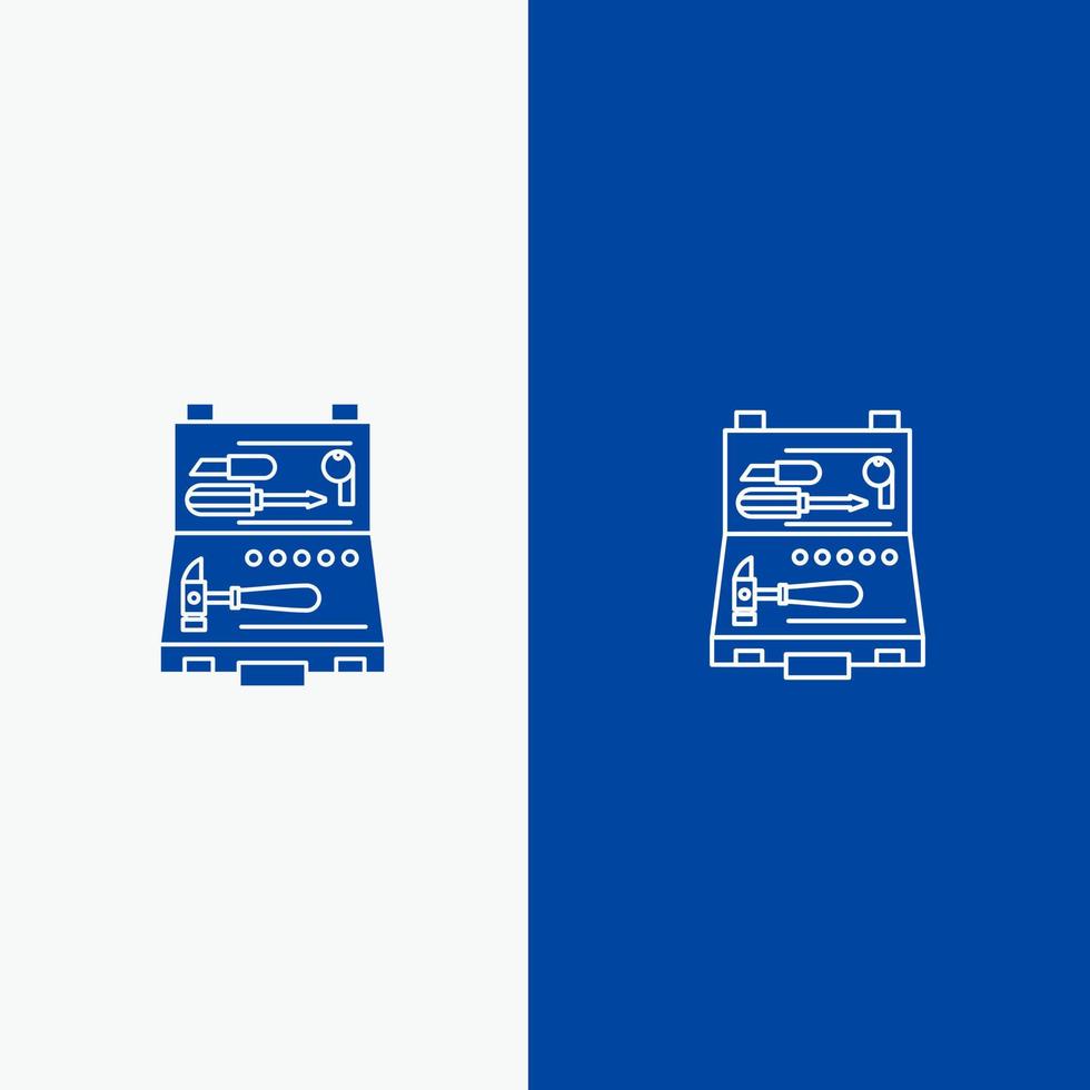outils bâtiment construction réparation boîte ligne et glyphe icône solide bannière bleue ligne et glyphe icône solide bannière bleue vecteur