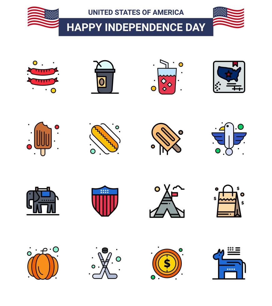 16 usa plat rempli ligne pack de signes et symboles de la fête de l'indépendance de la nourriture boisson froide drapeau du monde modifiable usa day vector design elements