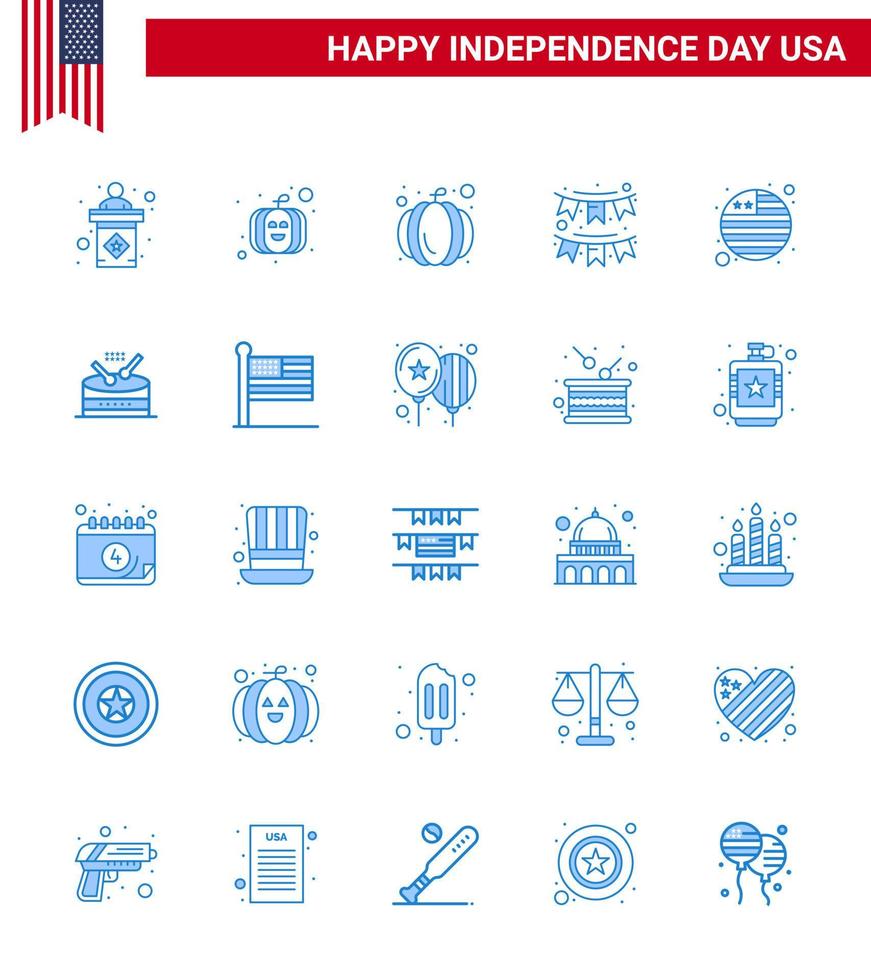 groupe de 25 blues pour le jour de l'indépendance des états-unis d'amérique tels que la musique bruants de tambour drapeau international pays modifiable usa day vector design elements